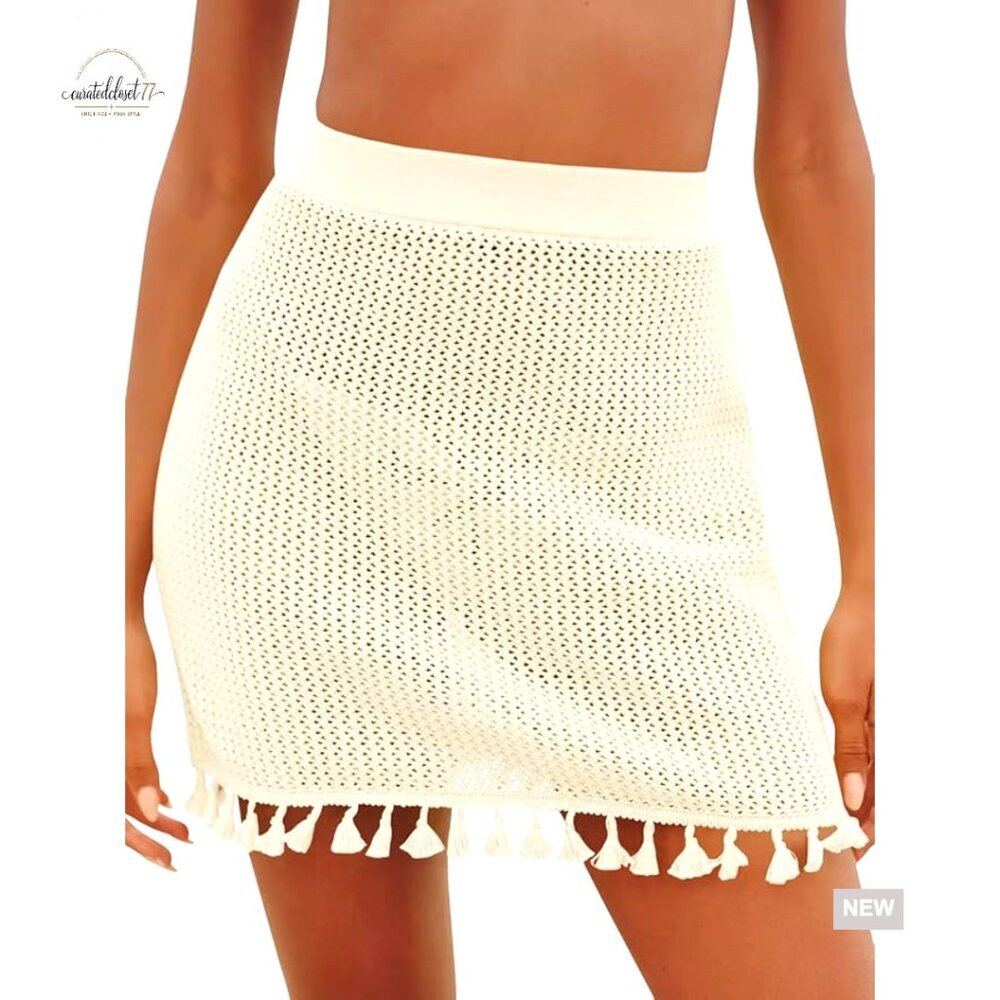 Crochet Hollow Out Swimsuit Cover Up Mini Skirt with Tassel Hem
